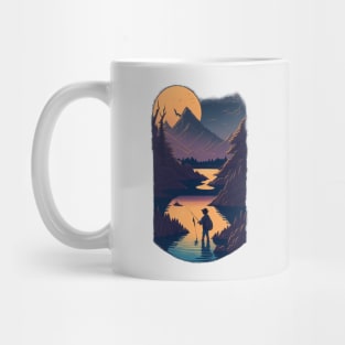 Fishing in a river with a sunset view artwork Mug